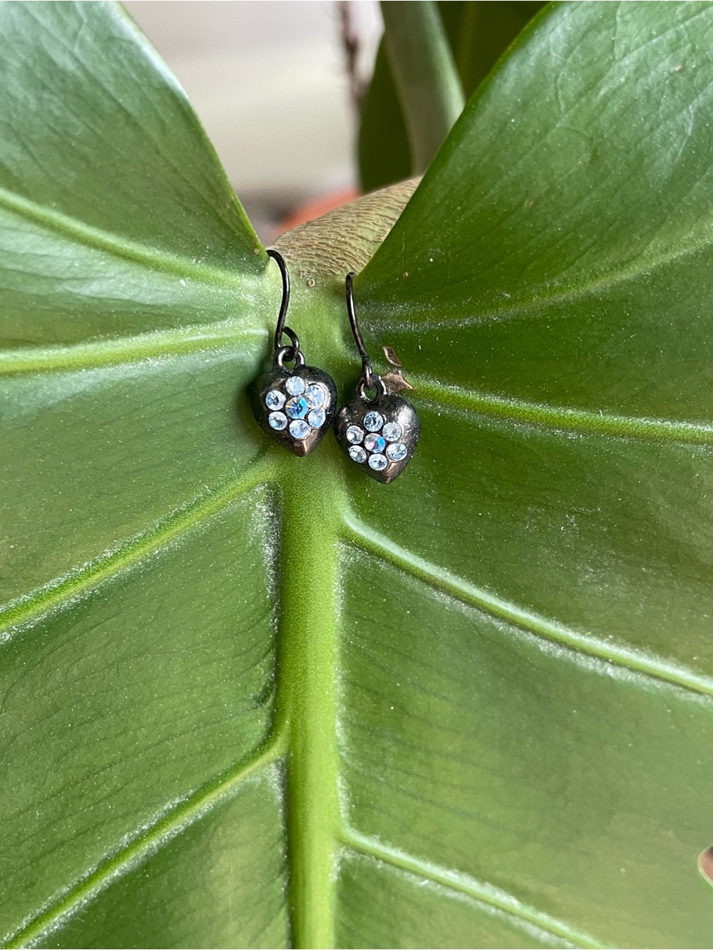Delicate Heart Dangle Earrings with Sparkling Blue Stones and Gun-metal Finish - Picture 5 of 6
